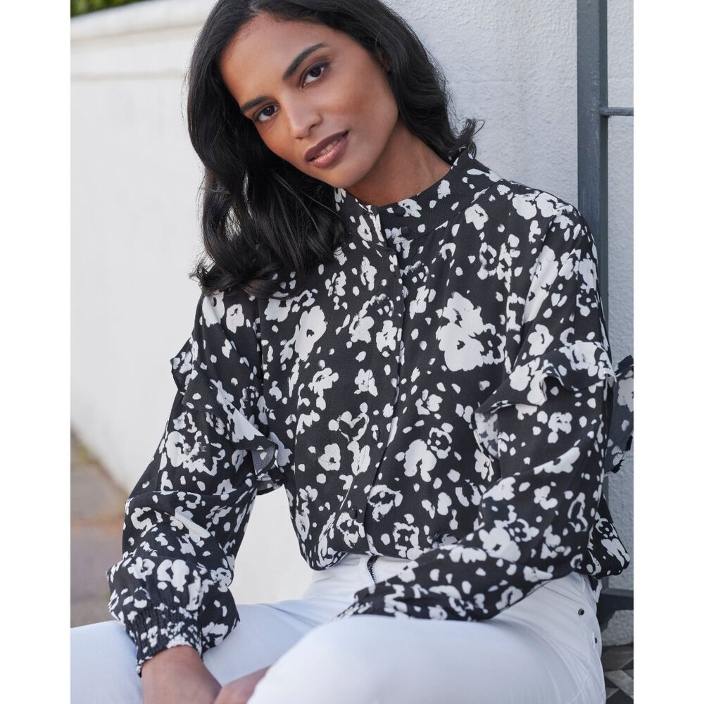 Pure Collection Drop Frill Shoulder Blouse Women 16 Black Office Career Romantic